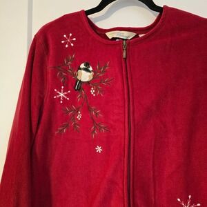 🆕️ Vintage Penmans Red Fleece Zip Up Cardigan Sweater Bird Snowflake Holiday XL